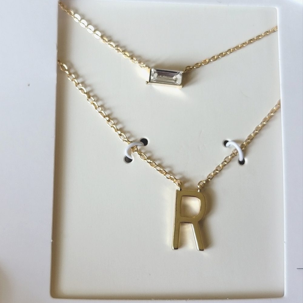 2-piece Necklace Set Gold Tone Initial Letter "R" and Rhinestone Baguette - Picture 3 of 5